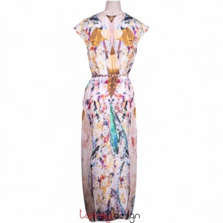 V-neck silk dress with egg-inlaid lacquer pattern